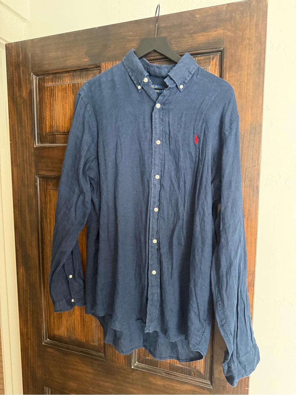 Polo by Ralph Lauren Navy Linen Button-Down Shirt with Red Pony